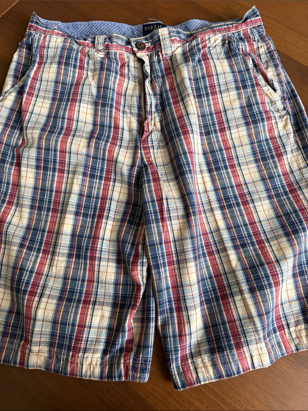Nautica Men's Red, Blue & White Plaid Flat Front Shorts